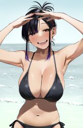 armpits bikini black_hair colored_nails cowboy_shot hairclip huge_breasts igarashi_kyouhei navel short_hair smile teeth tied_hair