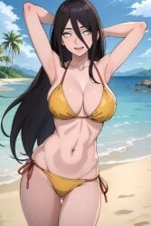 1girls adapted_costume ai_generated armpits arms_behind_head arms_up bare_chest bare_legs bare_midriff bare_shoulders beach big_breasts bikini bikini_bottom bikini_top boruto:_naruto_next_generations breasts brown_hair busty cleavage collarbone curvaceous curvy curvy_body curvy_female curvy_figure deinacht facing_viewer female female_only front_view happy happy_female hyuuga_hanabi light-skinned_female light_skin long_hair looking_at_viewer midriff nai_diffusion naruto naruto_(series) ocean open_mouth open_shirt oppai outdoors pelvic_curtain pinup pose posing posing_for_the_viewer pupilless_eyes purple_eyes sand seaside shiny shiny_hair shiny_skin side-tie_bikini side-tie_bikini_bottom slim_waist solo solo_focus soly_luna stable_diffusion swimsuit very_long_hair voluptuous water yellow_bikini