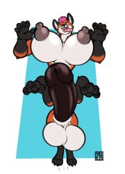 2023 4_toes 5_fingers anthro areola artist_name balls big_balls big_breasts big_penis breasts canid canid_taur canine canine_taur claws digital_media_(artwork) fangs feet finger_claws fingers fox fox_taur freckles_(artist) furry futanari genitals gynomorph inner_ear_fluff intersex low-angle_view mammal mammal_taur nipples open_mouth penis pounce simple_background solo taur teeth toe_claws toes tongue tongue_out tuft