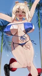 1girl 1girls 2d artist_signature barely_clothed bikini black_boots blonde_hair blue_sky blushing boots cute_fang dynamic_pose ears fangs female gold_eyes huge_breasts looking_at_viewer loose_clothes pale-skinned_female pale_skin palm_tree ryusei_hashida short_hair swimsuit tree water water_drop