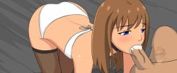 1boy 1girls all_fours ass blue_eyes bra breasts brown_hair collar cum cum_in_mouth fellatio game_cg layla_(pinktea) medium_breasts mostly_offscreen_character panties penis pinktea short_hair slave slave_lord_of_the_galaxy testicles thighhighs veiny_penis white_bra white_panties wooden_floor