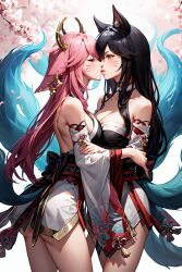 2girls 9_tails ahri ai_generated animal_ears bare_shoulders black_hair breasts cherry_blossoms crossover earrings female_only fox fox_ears fox_girl genshin_impact kissing kitsune league_of_legends long_hair medium_breasts nine_tailed_fox pink_hair self_upload sideboob stable_diffusion tagme thick_thighs vastaya yae_miko yuri zat3rj3en