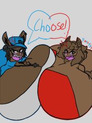 2boys anger_vein angry anthro anthro_only arguing asymmetrical_docking big_breasts blazin_fox blush breast_press breasts brown_body brown_fur brown_hair busty_boy cross dialogue english_text femboy fighting_over_viewer furry furry_only grey_background hat huge_breasts looking_at_viewer male male_only male_with_breasts necklace short_hair take_your_pick text text_bubble