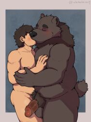 alebehemut anthro bear blush brown_body brown_fur brown_hair duo embrace fur genitals hair hi_res hug human human_on_anthro interspecies kiss_on_lips kissing male male/male mammal nipples nude overweight overweight_anthro overweight_male penis ursine