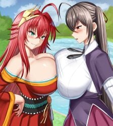 2girls azur_lane black_hair breast_docking breast_press breast_to_breast catfight docking gekisum glaring high_school_dxd huge_breasts multiple_girls outfit_swap red_hair rias_gremory staredown taihou_(azur_lane) titfight