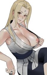 1girls areolae big_breasts blonde_hair breast_focus breasts brown_eyes cleavage clothing exposed_breast female female_only forehead_jewel hair huge_breasts inverted_nipples lips looking_at_viewer mature mature_female mature_woman medium_hair milf naruto naruto_(series) nipples one_breast_out solo solo_female tsunade uukkaa