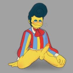 ballsack black_eyes blue_hair blush gray_background half_naked hand_on_knee male orange_blush pompadour solo_male spread_legs submissive submissive_male throbbing_penis wally_darling_(welcome_home) welcome_home welcome_home_(puppet_show) yellow_body