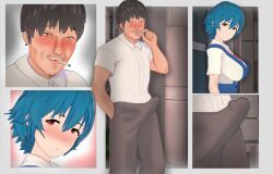 1boy 1girls 2022 3d 5koma age_difference ayanami_rei back black_eyes blue_hair blush breasts brown_hair cigarette comic dark-skinned_male dark_skin erect_nipples erect_nipples_under_clothes erection erection_under_clothes expressionless female hi_res high_resolution highres looking_at_another looking_at_viewer male neon_genesis_evangelion original red_eyes rei_ayanami school_uniform skirt smile smoking student teacher vyrus_smith