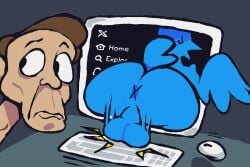 anthro anus ass avian balls beak big_butt bird blue_body blue_feathers bodily_fluids comedy computer duo feathers funny genitals grey_background human humor jerma985 male mammal short_tail simple_background sweat sweatdrop tail thatguynamedjoe through_wall tweetfur twitter twitter_bird twitter_logo x_(social_media) x_anus