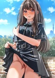 absurdres bar_censor belt black_hair blue_belt blue_dress blue_sky censored clothes_lift cloud collared_shirt day dress dress_lift female green_ribbons grey_dress highres inoue_takina lifted_by_self long_hair lycoris_recoil lycoris_uniform neck_ribbon no_panties outdoors pleated_dress purple_eyes pussy ribbon shirt sky solo two-tone_dress white_shirt yomo