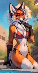 1girls ai_generated alice_the_vixen anthro bikini bra breasts canid canine clothing female female_only fox fur furry furry_ears furry_female furry_only furry_tail gloves humanoid looking_at_viewer multicolored_body multicolored_fur open_mouth sitting smile solo tiny_bunny