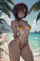 1girls abs ai_generated backlighting beach bikini female gender_transformation genderswap_(mtf) genshin_impact green_eyes medium_breasts red_hair ribs rule_63 shadow shikanoin_heizou short_hair skindentation slim_waist space_o_space stable_diffusion toned toned_female