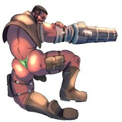 arts_of_indiego ass balls bara barret_wallace beard black_hair bulge dark-skinned_male dark_skin facial_hair final_fantasy final_fantasy_vii male male_only muscles muscular on_one_knee penis prosthetic_arm solo solo_male spread_legs thong underwear