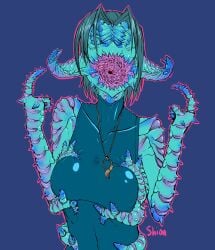 2d arthropod black_hair blue_skin claws dear_god female gold_necklace how_do_i_tag_this mandibles monster_girl nightmare_waifu no_eyes no_tongue open_mouth oral_invitation presenting_mouth sole_female solo tagme tight_clothing unusual_anatomy unusual_mouth whirlpool_throat