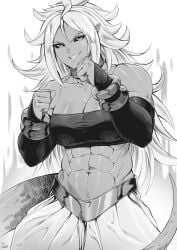 1girls abs absurd_res android_21 android_21_(evil) arabian_clothes athletic_female belly_button big_breasts black_sclera dragon_ball dragon_ball_fighterz harem_outfit hi_res jewelry majin_android_21 monochrome muscular_arms muscular_female navel posing posing_for_the_viewer signature six_pack smile smiling_at_viewer solo solo_female speedl00ver spiked_hair spiky_hair tail white_background white_hair