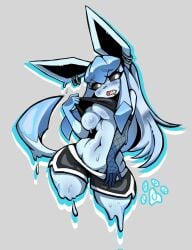 1girls big_breasts blush earrings fishnets glaceon glacia_(evolution) imako-chan long_hair looking_at_viewer open_mouth partially_clothed pokemon pokemon_(species) presenting solo standing sweat tail taking_clothes_off thick_thighs white_eyes white_hair