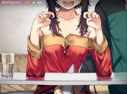 1boy 1girls animated bare_shoulders blush breasts brown_hair collarbone double_peace_sign double_v eyes_out_of_frame female glass harutoshi hitachi_magic_wand kono_subarashii_sekai_ni_shukufuku_wo! livestream longer_than_30_seconds male megumin moaning moaning_in_pleasure mp4 peace_sign recording saliva saliva_trail satou_kazuma sex_toy sidelocks small_breasts sound tagme track_suit under_the_table v vibrator vibrator_in_pussy video water