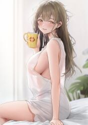 brown_hair cup drowsy from_side half_awake large_breasts light_brown_hair lips lipstick_mark looking_back messy_hair see-through_clothing see-through_dress sitting_on_bed smile thighs white_dress