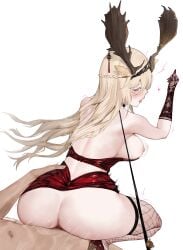 1boy absurdres afterimage animal_ears antlers arknights ass bare_shoulders black_gloves blonde_hair blue_eyes blush bouncing_breasts breasts breasts_out clothes_lift commission cowgirl_position deer_antlers deer_ears deer_girl elbow_gloves female fishnet_gloves fishnet_thighhighs fishnets gloves heart highres large_breasts leash long_hair looking_back male_pubic_hair mole mole_under_eye nail_polish nipples no_panties parted_lips pixiv_commission pubic_hair red_nails red_skirt reverse_cowgirl_position sawaki_ken sex sex_from_behind skirt skirt_lift squatting straddling straight thighhighs torso_grab very_long_hair viviana_(arknights)