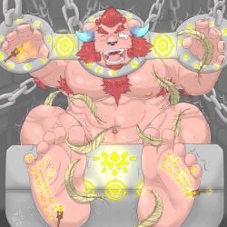 bara bondage chernobog horns magic male male_feet paintbrush painting_body pink_fur stocks tickle_torture tickling tickling_feet tickling_hands tokyo_afterschool_summoners zxdewa