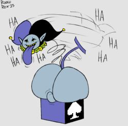 1boy ass backsack balls big_ass big_butt blue_skin butt deltarune fat_ass fat_butt huge_ass huge_butt jevil_(deltarune) laugh laughing male male_only roccorox solo stuck tail text thick_ass thick_butt toby_fox tongue_out yellow_eyes