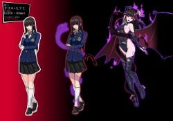 1girl ass black_hair brainwashing breasts corruption demon demon_girl female hifumi_togo identity_death lilith lilith_(megami_tensei) mind_control persona persona_5 possession revealing_clothes takeover thighs transformation transformation_sequence