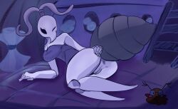 anthro anthro_only arthropod arthropod_abdomen ass big_breasts breasts clothed clothing digital_media_(artwork) fecharis female genitals hair hi_res hollow_knight insects iselda_(hollow_knight) looking_at_viewer nude opalniko pussy simple_background solo tail team_cherry