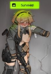 absurdres after_rape after_sex ahoge assault_rifle banana_batter bandaid bandaid_on_face bandaid_on_nose blonde_hair blue_eyes blush breasts bright_pupils cum cum_on_body cum_on_breasts cum_on_hair english_text escape_from_tarkov facial female gloves gun headset highres holding holding_gun holding_weapon indie_virtual_youtuber large_breasts long_sleeves nipples open_mouth rape rifle solo standing tactical_clothes torn_clothes virtual_youtuber weapon whiskey_project white_pupils xerbatt