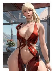 1girls ai_generated blonde_hair blue_eyes cleavage deep_cleavage female final_fantasy_xiv functionally_nude jewelry lyse_hext navel perky_breasts red_dress stable_diffusion tagme thick_thighs