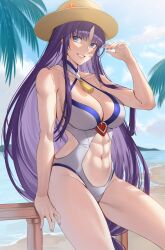 1girls abs absurdres alternate_costume altina_(fire_emblem) altina_(summer)_(fire_emblem) beach belly_button blue_eyes breasts clothing_cutout commission covering_own_eyes criss-cross_halter day deras female female_only fire_emblem fire_emblem:_radiant_dawn fire_emblem_heroes grey_one-piece_swimsuit grin halterneck hat highres large_breasts light-skinned_female light_skin long_hair looking_at_viewer muscular muscular_female navel navel_cutout neck_tassel nintendo non-web_source official_alternate_costume one-piece_swimsuit outdoors purple_hair railing sitting smile solo straw_hat swimsuit sword teeth very_long_hair weapon white_one-piece_swimsuit white_swimsuit