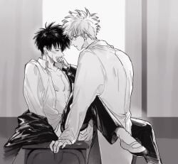 2boys blush class_3-z classroom closed_eyes desk gakuran gay gintama gintoki_sakata glasses hijikata_toshiro implied_anal implied_sex labcoat lllyuda male male_only monochrome official_alternate_costume open_jacket open_shirt school_uniform sweatdrop teacher teacher_and_student uwabaki yaoi