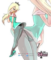 1girls artist_name artist_signature ass bimbo blonde_hair crown dress earrings female female_only green_eyes green_lipstick hair_over_one_eye heels hi_res high_heels long_hair looking_at_viewer mario_(series) mario_tennis narrowed_eyes nintendo panties panties_under_pantyhose pantyhose princess_rosalina sasatseng small_breasts smiling smiling_at_viewer solo white_background