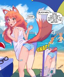 1boy ass ass bandaid beach blush brown_eyes bunny_girl english_text female_focus fox_ears fox_girl fox_tail freckles looking_back no_bra open_mouth original original_character panties petite phone poppytart red_hair shirt snaggle_tooth surprised tail_up tanline thighs tira_(poppytart)