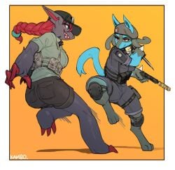 anthro ash_(rainbow_six) beret black_body black_fur blue_body blue_eyes blue_fur braided_hair caveira_(rainbow_six) clothing duo duo_focus female female_lucario fur generation_4_pokemon generation_5_pokemon gun hair hand_spike hat janjin192 kambo lucario lucaveira_(janjin192) nintendo orange_background pokemon pokemon_(species) rainbow_six rainbow_six_siege red_hair tactical_gear tagme tom_clancy zoroark