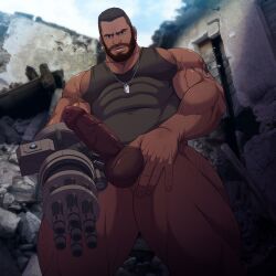 balls bara barret_wallace beard big_balls big_penis black_hair boner dark-skinned_male dark_skin erection facial_hair final_fantasy final_fantasy_vii male male_only muscles muscular pantsless penis prosthetic_arm ryans solo solo_male tank_top