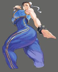 1girls abs ass athletic_female big_breasts blue_bodysuit blue_pants bodysuit bracelet brown_hair capcom chun-li double_bun female female_only fully_clothed hair_bun kugara4423 long_legs looking_back muscular_female solo spiked_bracelet spikes street_fighter street_fighter_alpha thick_thighs tight_clothing