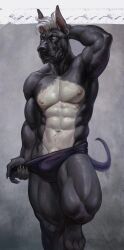 2023 abs anthro barely_visible_genitalia barely_visible_penis black_fur bulge canid canine canis claws digital_drawing_(artwork) digital_media_(artwork) domestic_dog finger_claws fur genitals hair hi_res male mammal mastiff molosser multicolored_body muscular muscular_anthro muscular_male navel nipples penis raudegil solo tail two_tone_body