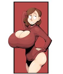 ass big_ass big_breasts bootlegjones bottomless breasts brown_hair cleavage hilda_(series) huge_breasts johanna_(hilda) large_ass large_breasts light-skinned_female light_skin looking_at_viewer milf red_background red_sweater short_hair sweater voluptuous voluptuous_female white_background