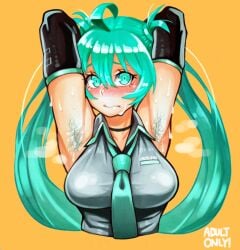 1girls adultonly armpit_fetish armpit_hair armpits arms_behind_head arms_up blue_armpit_hair blue_hair blush female female_armpit_hair female_only hairy_armpits hatsune_miku medium_breasts solo solo_female sweat sweaty