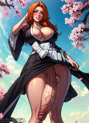 1futa ai_generated balls big_breasts bleach blush busty cleavage dickgirl flaccid flaccid_penis futa_only futanari huge_breasts huge_cock hung_futanari long_hair long_penis massive_penis matsumoto_rangiku mature_futa milf orange_hair outdoors penis puffyart solo solo_futa standing traditional_clothes veiny_penis wind