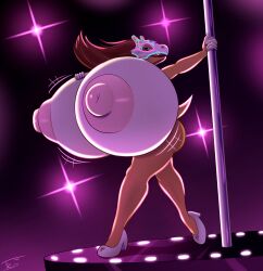 absurd_res anthro anthro_only big_breasts breasts candy_(badgerben) cubone dancing female generation_1_pokemon green_eyes hi_res huge_breasts hyper hyper_breasts karakara_(pokemon) light nintendo pokemon pokemon_(species) pokemorph pole pole_dancing solo straight_hair stripper_pole tohilewd