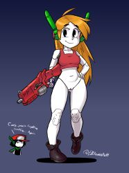 1boy 1girls 2021 android blonde_hair bottomless casual cave_story clothing curly_brace curly_hair cybertoxin female female_focus firearm footwear legs long_hair male pussy quote_(cave_story) robot robot_girl robot_joints thighs wardrobe_malfunction weapon