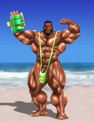 balls banana_hammock bara barret_wallace beard big_penis black_hair bulge dark-skinned_male dark_skin facial_hair final_fantasy final_fantasy_vii flaccid flexing hitenmaru male male_only muscles muscular penis prosthetic_arm solo solo_male sweat sweating thong