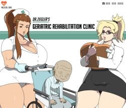 1boy 2girls angela_ziegler big_breasts blizzard_entertainment blonde_hair breasts_bigger_than_head brigitte brigitte_lindholm brown_hair cleavage clipboard dr._ziegler female glasses gloves hospital huge_breasts large_breasts larger_female latex latex_gloves light_skin lipstick male mercy nurse nurse_cap old_man older_male overwatch panties ponytail pulpawoelbo size_difference smaller_male thick_thighs thighs wheelchair wide_hips