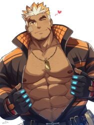 abs beard_stubble big_eyebrows big_pecs cheek_scar chest_hair fully_clothed gloves jacket jacket_open male male_nipples necklace no_visible_genitalia opening_jacket pubic_hair red_eyes scar smiling smiling_at_viewer solo suggestive_look two_tone_hair undercut winking winking_at_viewer zifu