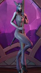 1girls 3d big_ass big_breasts blizzard_entertainment draenei kaminakirei lylly original_character pole pole_dancing pubic_tattoo purple_hair purple_skin solo tattoo warcraft world_of_warcraft