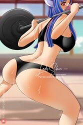 1girls ass ass_focus back blue_hair breasts female female_only gym gym_uniform horn horns looking_at_viewer mask one_piece pink_eyes pink_hair shinjinou solo squatting sweat ulti_(one_piece) weightlifting weights