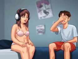 1boy 1girls 2d bed bed_sheet bedroom blue_eyes bottomwear bra brown_hair clothed clothing covering covering_eyes darkcookie digital_drawing_(artwork) digital_media_(artwork) duo female headphones headwear june_(summertime_saga) light-skinned_female light_skin long_hair looking_at_partner main_character_(summertime_saga) male male/female on_bed panties room shirt shocked shocked_expression sitting sitting_on_bed summertime_saga teenage_girl teenager thick_thighs topwear underwear