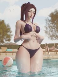 2girls 3d bikini female female_focus fidgeting finger_play fully_clothed hourglass_figure index_fingers_together kai'sa league_of_legends looking_away medium_breasts partially_clothed ponytail pool tagme that_maskey wide_hips