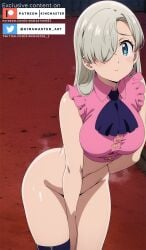 ai_generated ass asymmetrical_legwear black_legwear blue_eyes blush breasts elizabeth_liones hips kingmaster large_breasts medium_breasts midriff naked naked_female nanatsu_no_taizai nsfw nude nude_female patreon_username pink_shirt purple_thighhighs seven_deadly_sins the_seven_deadly_sins thick_thighs thighhighs thighs white_hair